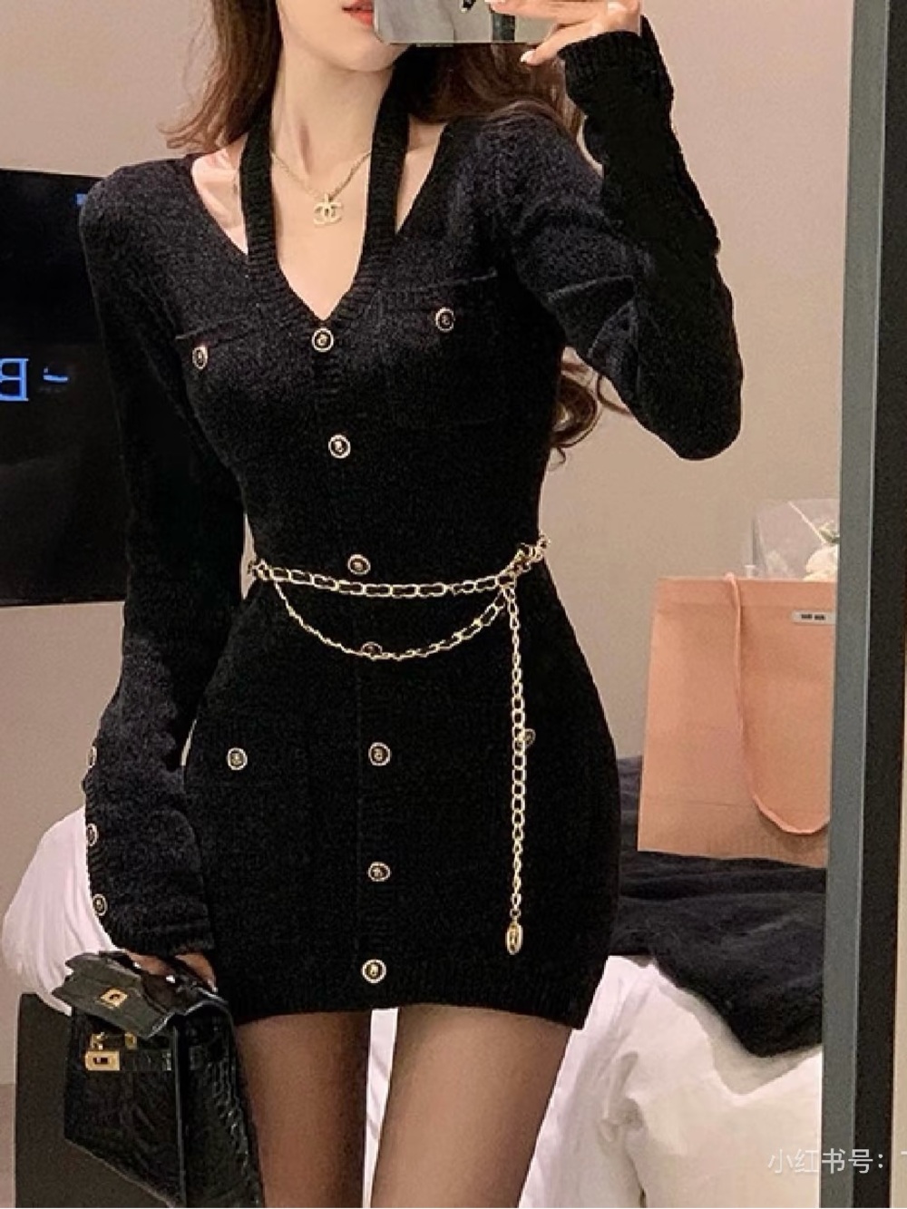 Women’s Black Knit Bodycon Mini Dress with Gold Buttons & Cutout Neckline